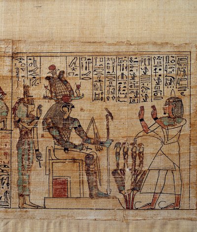 Gammel egyptisk kunst: Mytologisk Papyrus of Serimen. serimen i tilbedelse før guden ptah-sokar-osiris etterfulgt av Isis. Manuskript av det 21. dynasti (ca. 1069-945), tredje mellomperiode (ca. 1069-664 f.Kr.). Maleri. av School Egyptian