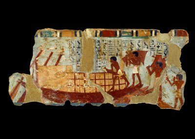 Gammel egyptisk kunst: lasting av korn på et båtmaleri på silt fra graven til Ounou (1450 f.Kr.). av School Egyptian