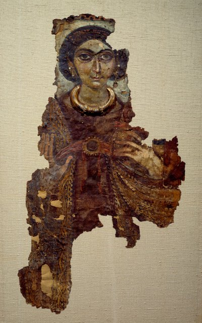 Koptisk kunst: likklede av kvinne kalt dame med korset ansee. Maleri på linlerret (4. århundre e.Kr.) Antinoe. av School Egyptian