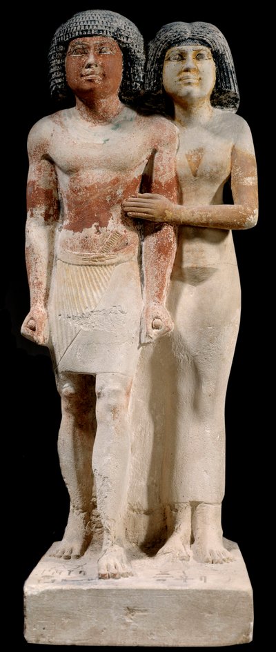 Egyptisk antikvitet: Kalksteinsstatue av paret Raherka og Meresankh. 5. dynasti. Gammelt imperium (rundt 2700-2200 f.Kr.). Søn 0,52x0,21 m Paris, musee du Louvre av School Egyptian