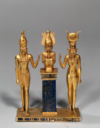Egyptisk antikvitet: Osirisk triade i navnet til Osorkon (Osiris omgir av Isis og Horus. Gullanheng og lapis lazuli (lapis lazuli). 22. dynasti, lavperiode. Paris, Louvre-museet av School Egyptian