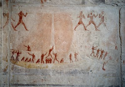 Egyptisk antikvitet: en seilbåt. Kalksteinsrelieff fra kapellet i Mastaba av Akhethetep i Saqqara. 5. dynasti (rundt 2500-2350 f.Kr.) 2300 f.Kr. Paris, Louvre-museet av School Egyptian