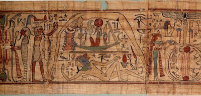 Egyptisk antikk allegori av kosmos: mytologisk papyrus av Neskapashouty, regnskapsskriver av korn som representerer kosmogoni, med Geb, Nout, Nephtys, Osiris. 1070-664 f.Kr. 21. dynasti. Søn 2,7x0,27 m Paris, musee du Louvre av School Egyptian