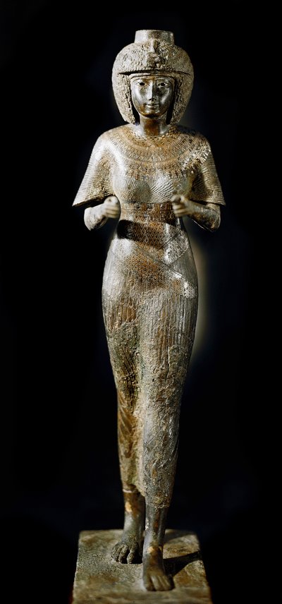 Egyptisk antikvitet: bronsestatue av dronning Karomama, kona til farao Takelot II. 21. dynasti. Paris, Louvre-museet av School Egyptian