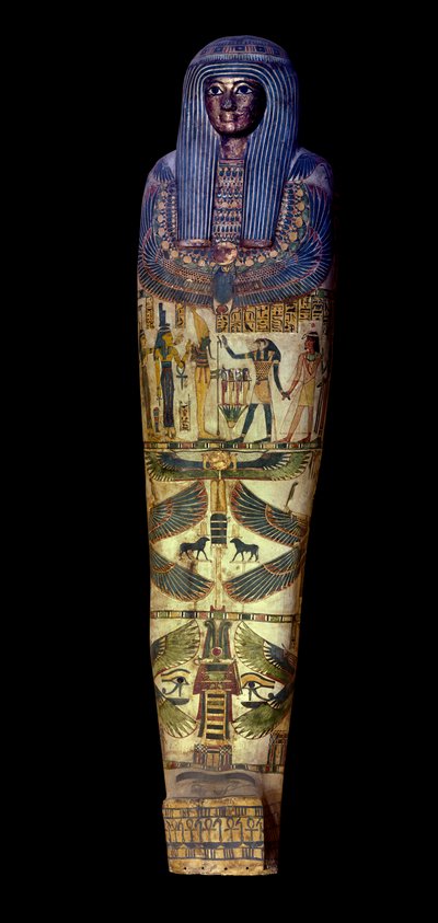 Egyptisk antikvitet: omslag av sarkofagen til Jedkhonsouioufankh (Djedkhonsouioufankh), rundt 750 f.Kr., Louvre-museet - egyptisk antikk: sarkofaglokket til Djedkhonsouioufankh (Djedkhonsouioufankh), ca. 750 f.Kr., Louvre-museet av School Egyptian