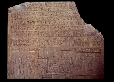 Egyptisk antikvitet: begravelsesstele dekket med en inskripsjon på kodespråk i form av hieroglyfer. Paris, Louvre-museet av School Egyptian