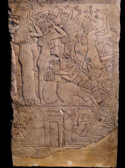 Egyptisk antikvitet: memfittgrav fra Horemheb til Saqqarah (Sakkarah eller Saqqara), lettelse: gråtende ved begravelsen til Horemheb. 18. dynasti (ca. 1550–1295 f.Kr.) av School Egyptian