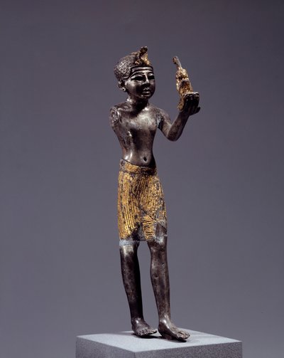 Egyptisk antikvitet: statuett av kongen (Sethi I?) som ofret Maat. Sølv og gull skulptur. Regne av Sethi (1294-1279 f.Kr.). Dim. 19 cm. Paris, Louvre-museet av School Egyptian