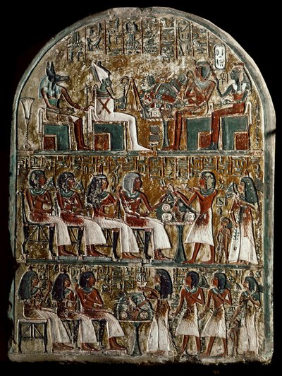 Egyptisk antikvitet: stele av Irynefer, på toppen gudene Osiris og Anubis vendt mot Amenophis I og Ahmes Nefertari diviniser; i Irynefer sentrum gir kona Mehytkhaty og datteren deres Hathor begravelsesofferet til foreldrene sine, nederst Hathor voksen av School Egyptian