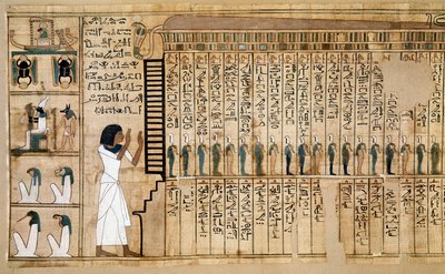 Egyptisk antikvitet: fragment av De dødes bok, papyrus fra Nebqed. Detalj som representerer ankomsten til den avdøde i etterkant. 18. dynasti. 1400-1350 f.Kr. Paris, Musee du Louvre - Det gamle Egypt: fragment av de dødes bok, Papyrus of Ne av School Egyptian