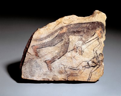 Ostrakon-figur: ape som spiller dobbelfløyte (aulos) for å få en mann til å danse. Fra stedet for Deir el-Medineh (kalkstein, ca. 1295-1186) av School Egyptian