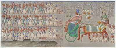 Theben, Medynet-Abu: farget basrelieff, skåret i det sørlige galleriet til palassets peristyl - i "" Egyptian Antiquites"", T.II av School Egyptian