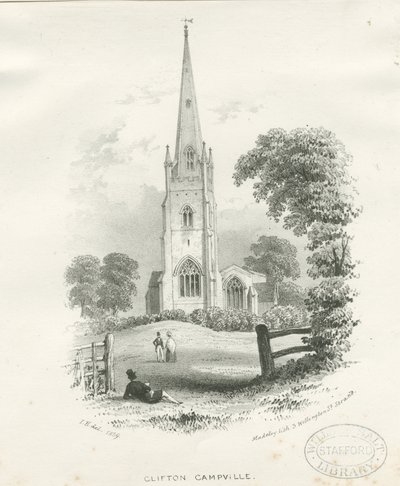 Clifton Campville Church: litografi (vignettert) av School English