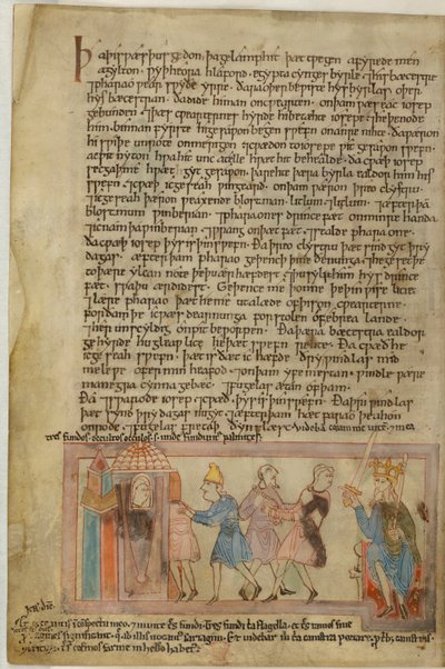 Cotton Claudius B. IV, f.58v En scene som viser angelsaksisk rettferdighet, illustrasjon fra (vellum) av School English