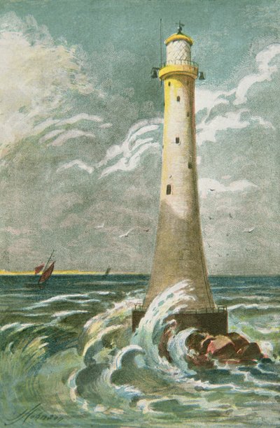 Eddystone fyrtårn utenfor Plymouth (farge litho) av School English