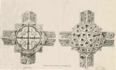Interiør i Lichfield Cathedral - Utskåret løvverk: litografi, nd [?19. århundre] (trykk) av School English