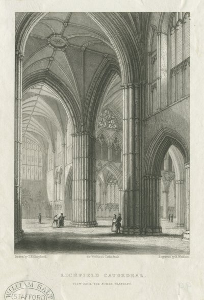 Interiør av Lichfield Cathedral - Kryss fra det nordlige transept: gravering, nd [midten av 1800-tallet] (trykk) av School English