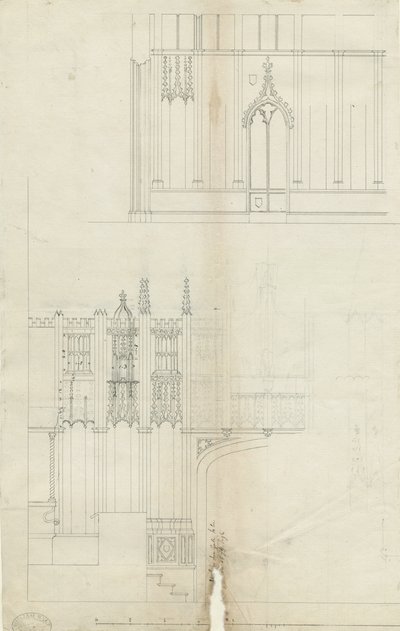 Interiør av Lichfield Cathedral - West End of Choir: pennetegning, nd [c 1780] (tegning) av School English