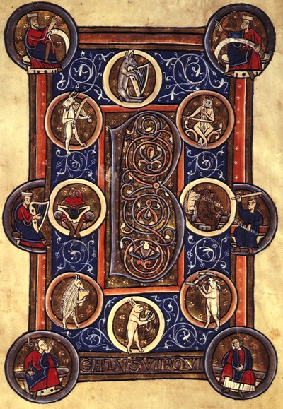 Lansdowne 420 fol.12v Salme I med bebodd initial 