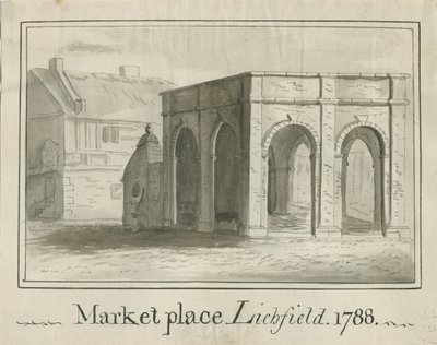 Lichfield - Market Place: sepia vask tegning av School English