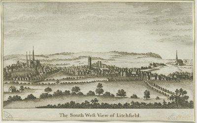 Lichfield - South West View: kobberplategravering, nd [sent på 1700-tallet] (trykk) av School English