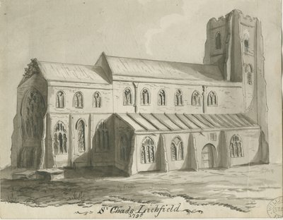 Lichfield - St. Chads kirke: sepia-tegning av School English