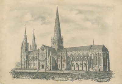Lichfield Cathedral - South East View: gravering, nd [?19th cent] (trykk) av School English