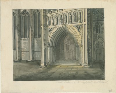 Lichfield Cathedral - South Transept: akvarellmaleri, nd [?1800-tallet] (maleri) av School English