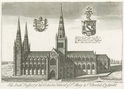 Lichfield Cathedral - South View: gravering, og [?tidlig 1700-tall] (trykk) av School English