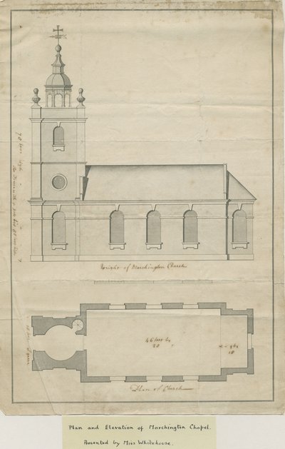 Marchington Church - Eksteriør elevasjon og interiørplan: pennetegning, nd [midten av 1700-tallet] (tegning) av School English