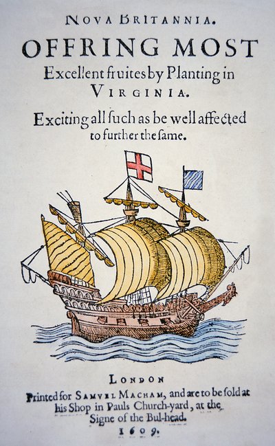 Brosjyre som oppmuntrer kolonister til å dra til Virginia i Amerika, utgitt i 1609 (farge litho) av School English