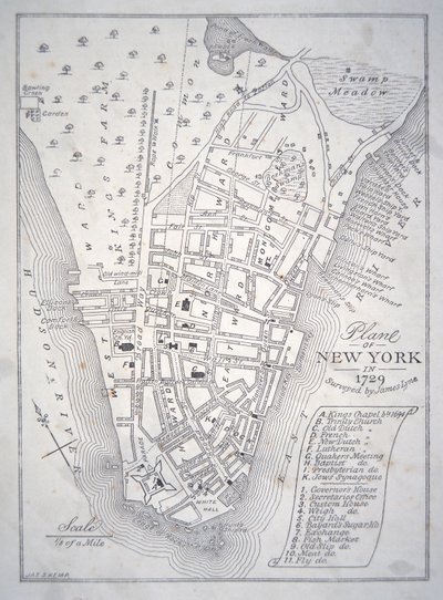 Plan over New York i 1729 (litho) av School English