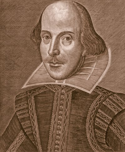 Portrett av William Shakespeare, gravert av Martin Droeshout (ca. 1560-c. 1642) av School English