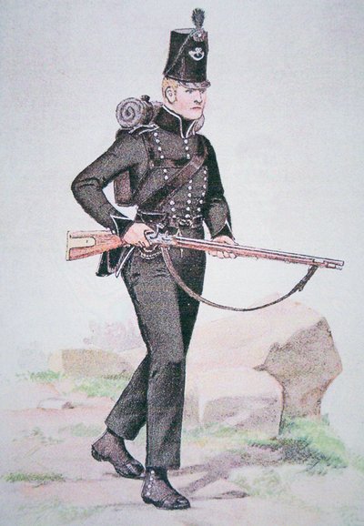 Menig fra 95th Rifles, ca. 1810, bevæpnet med Baker Rifle, designet av Ezekiel Baker fra London (farge litho) av School English