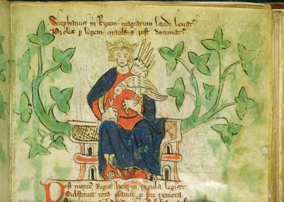 Roy.20 A II f.7 Kong Stephen på tronen, skrevet under Edward IIs regjeringstid (1284-1327) av School English
