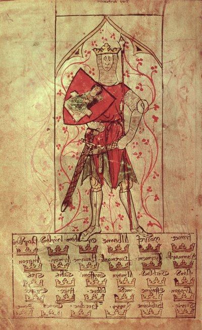 Roy 20 A II f.4r Kong Arthur og de tretti kongedømmene skrevet under Edward IIs regjeringstid (1248-1327) av School English