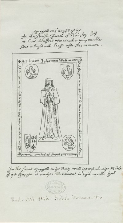 Rugeley Church (gamle) - Monument til John Weston: penn- og blekktegning av School English