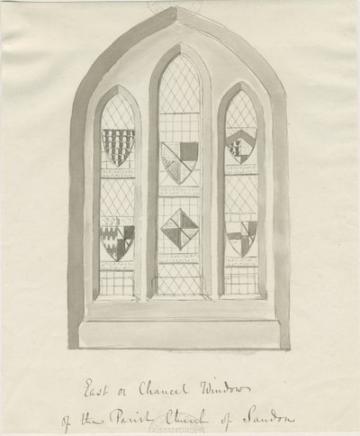 Sandon Church - East window of Chancel: sepia vask tegning, nd [?18th cent] (tegning) av School English