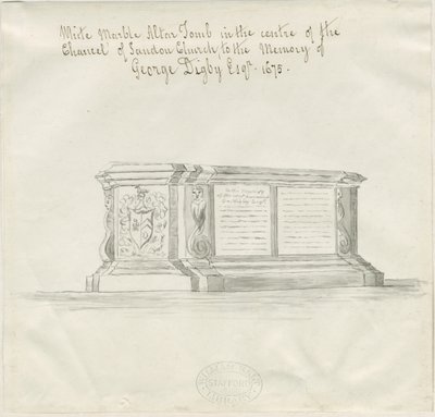Sandon Church - Tomb of George Digby: sepia vask tegning, nd [?18th cent] (tegning) av School English