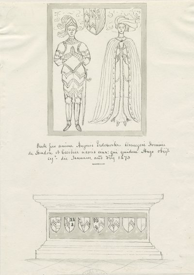 Sandon Church - Tomb of Hugh Erdeswicke og Cecilia [Bassett]: penn- og blekktegning, nd [?18th cent] (tegning) av School English