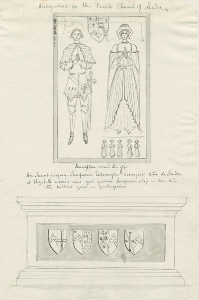 Sandon Church - Tomb of Sampson Erdeswick og Elizabeth [Grå]: penn- og blekktegning, nd [18. århundre] (tegning) av School English