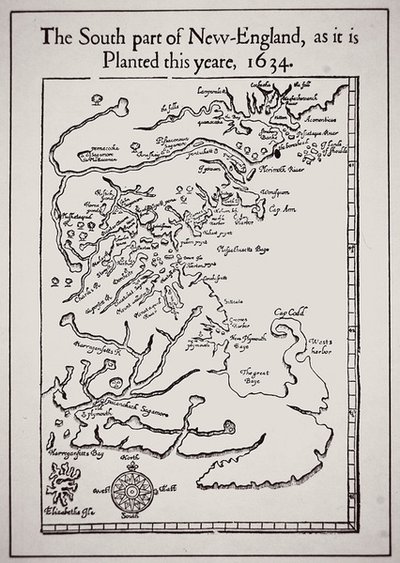 Sør-delen av New England slik den er plantet i år 1634 (litho) av School English