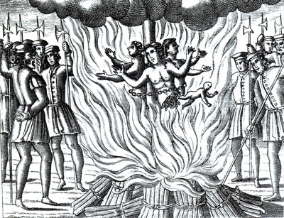 Beretningen om de tre martyrene fra Guernsey som ble brent på bålet, fra en utgave av «Acts and Monuments» av John Foxe (1516–87) (gravering) av School English