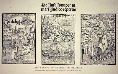 Landingen av Columbus på Espaniola, etter en samtidig brosjyre publisert i Basel i 1494 (litho) av School English
