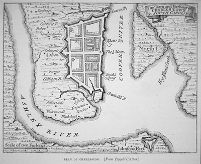 By og havn i Charles Town (Charleston), South Carolina (litografi) av School English