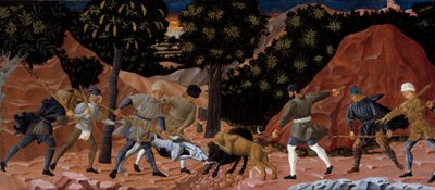 Villsvinjaktscene. Detalj. Anonymt maleri av den florentinske skolen. 1450-1460. Toulouse, Musée des Augustins av School Florentine