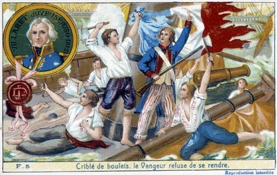 Admiral Villaret (1750-1812), en representant i medaljongen, leverte sjøslaget ved Ouessant til engelske Howe i 1794. av School French