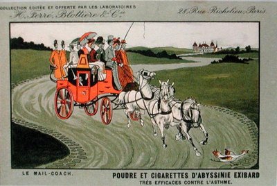 Annonse for sigarettmerket, Exibard, som viser en postbuss og sier at tobakk og sigaretter er effektive mot astma (fargelitho) av School French
