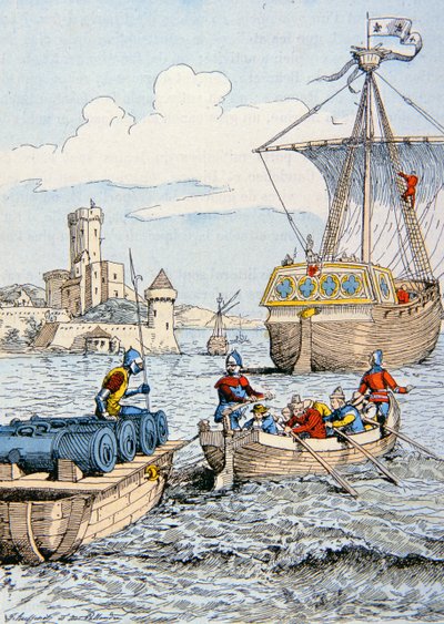 Charles VIIIs ekspedisjon til Italia i 1494 (farge litho) av School French