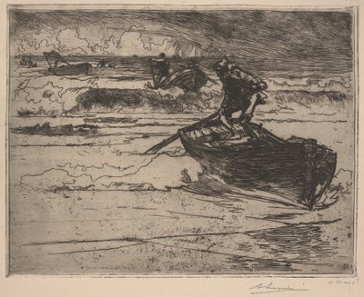 Fiskere som flykter fra stormen (etsing) av School French